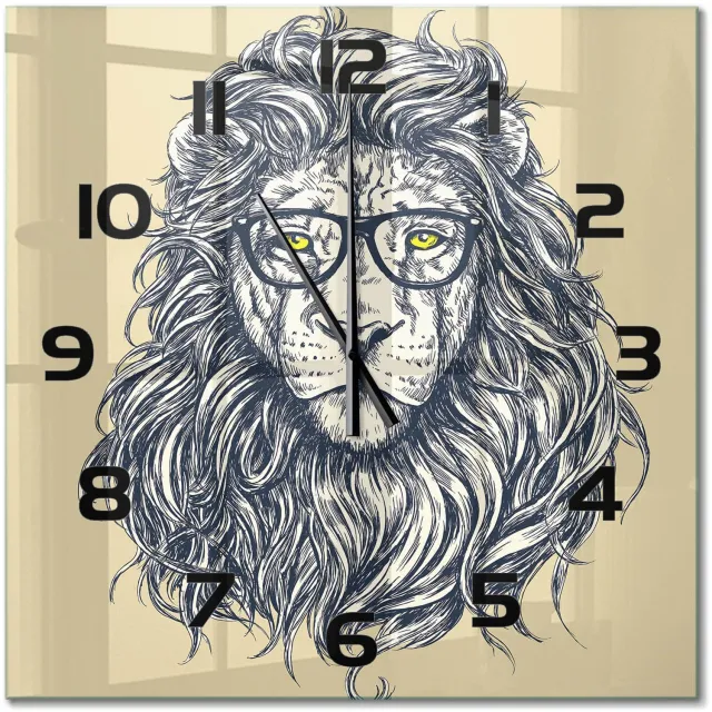 TULUP Wandklok - Hipster Leeuw Glazen Wandklok Design - 60x60 cm - Beige Klok Glas Met Opdruk - Zwarte handen - Vierkante Klok - Wandklok Glas Met Motief - Decoratieve Glazen Klok
