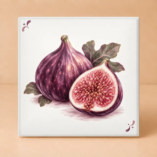 Bedruk King Sfeervolle Vijgen Aquarel Tegel – Decoratieve Keramiek Tegeltje voor Fruitliefhebbers en Keukenliefhebbers - 11 x 11 cm Wit