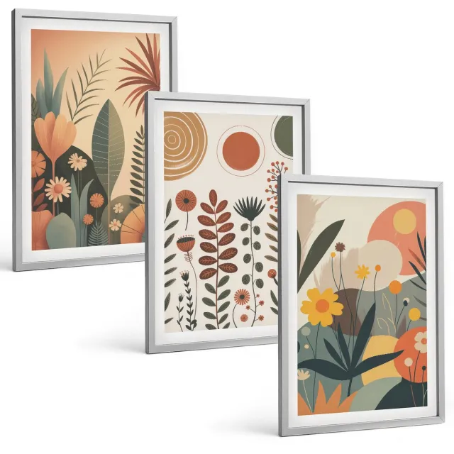 Coloray 3-Delige Schilderij Set - Boho-Plantenpatronen In Warme Tinten Met Natuur. - 40 x 60 cm - Decoratieve Schilderijen - Wanddecoratie - Hal - Stijlvolle Muurdecoratie Zilveren lijst