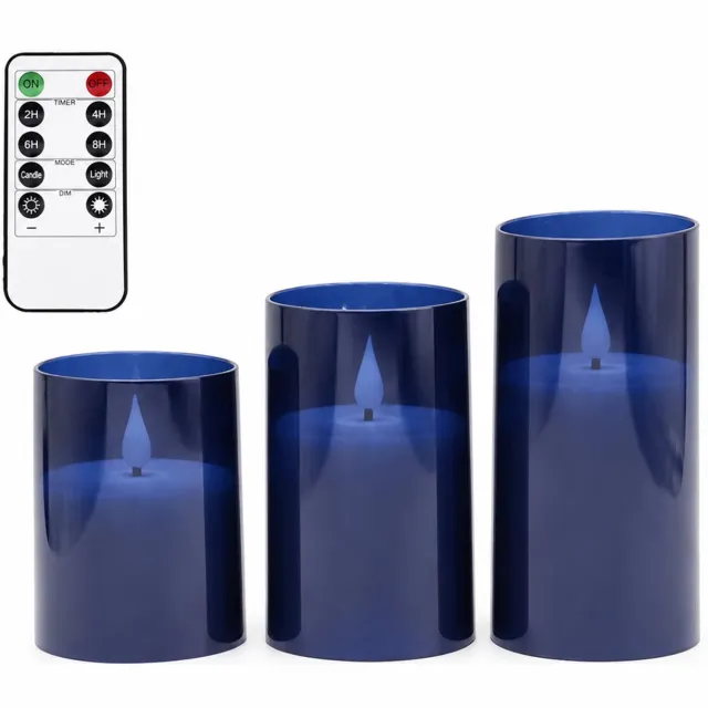 SWGOTA led kaarsen, 3 stuks per doos, donkerblauw met druppelvormige top, cilindervorm, inclusief kleine afstandsbediening en knoopcelbatterij