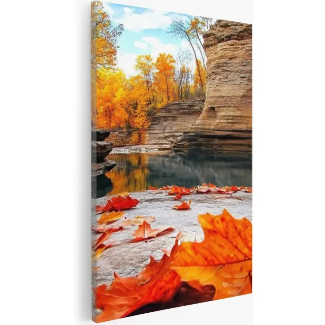 Saammp Canvas Schilderij - Rode Bladeren op steen - Natuur - Landschap - 100x150 - Foto op canvas - Wanddecoratie - Muurdecoratie Woonkamer - Slaapkamer decoratie - Canvas Print Multicolor