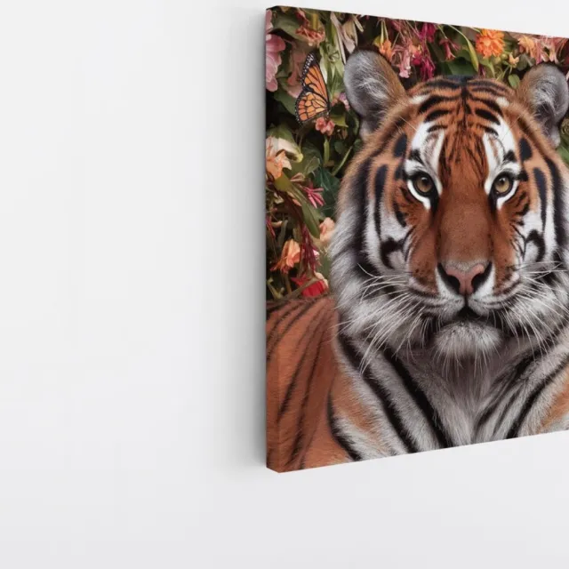 Saammp Canvas Schilderij - Tijger tussen de bloemen - Dieren - 20x20 - Foto op canvas - Wanddecoratie - muurdecoratie Woonkamer - Slaapkamer decoratie - Canvas Print Multicolor