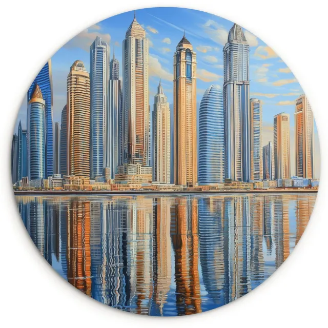 WallCircle Wandcirkel 120x120 cm - Muurcirkel Skyline - Wolkenkrabbers - Water - Blauw - Muurdecoratie woonkamer - Wanddecoratie slaapkamer - Kamer decoratie accessoires - Ronde schilderijen