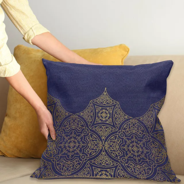 ABAKUHAUS Marineblauw Blauw en Geel Sierkussenhoes, Exotisch Orient Stijl Ornament Ottoman Cultuur Geïnspireerd Patroon, Decoratieve Vierkante Sierkussenhoes, 16" X 16", Indigo en Geel