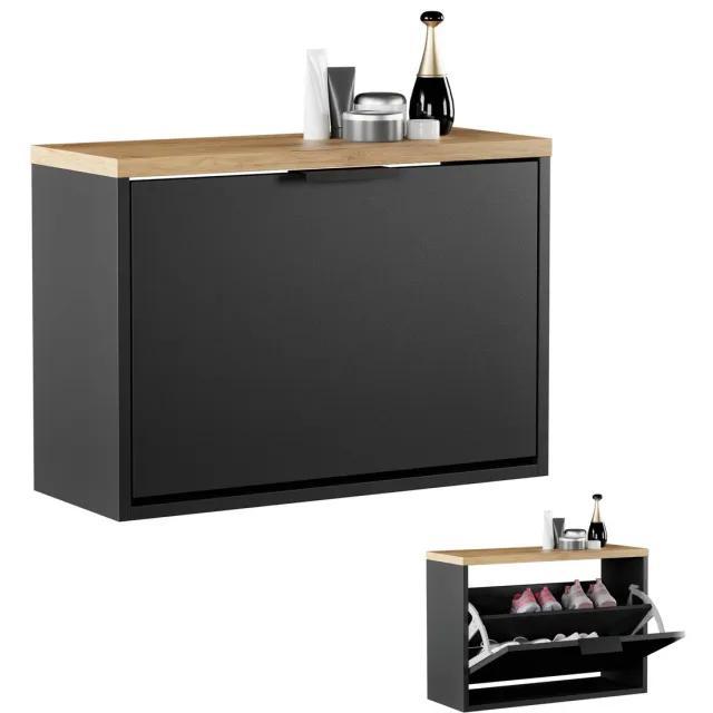 Planetmöbel STIVIO - Schoenenkast 60 cm - Zwart en goud eiken - Met 1 klep - Slechts 23 cm diep Zwart / Goud eiken