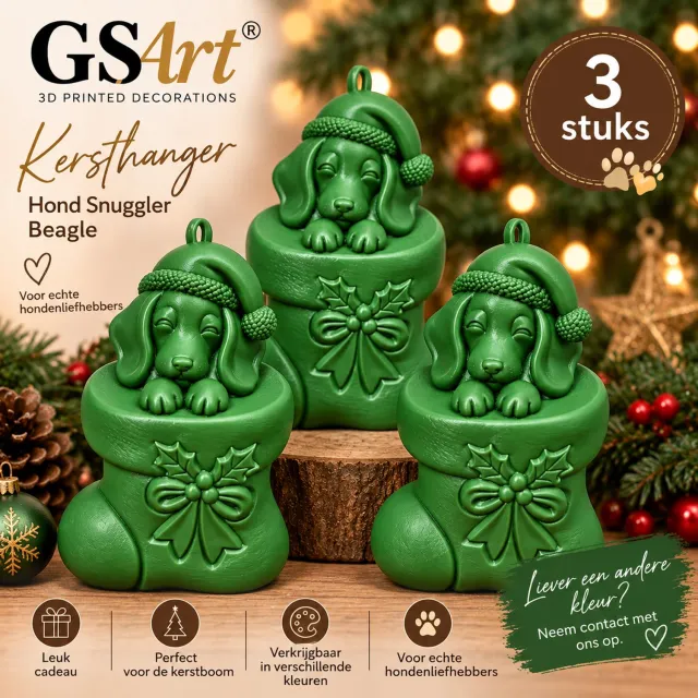 GSArt Kersthanger Hond Snuggler Beagle 3 Stuks – 3D Geprinte Kerstboom Hangers – Maretak Groen