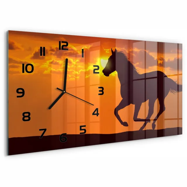 TULUP Wandklok - Zonsondergangpaard Wandklok Glas Met Motief - 60x30 cm - Oranje Decoratieve Glazen Klok - Zwarte handen - Rechthoekige Klok - Gekleurde Glazen Klok - Glazen Klok Met Print