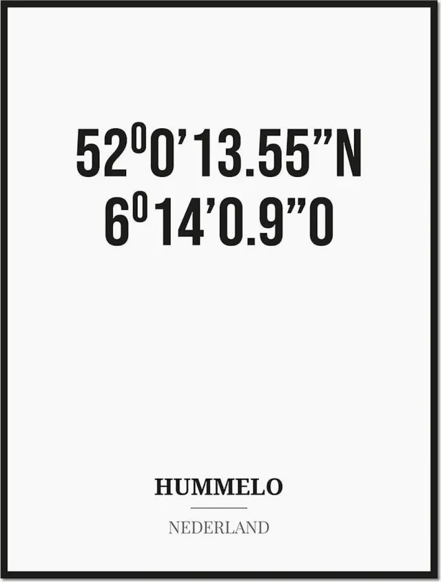 Studio216 Poster/kaart HUMMELO met coördinaten zwart, wit