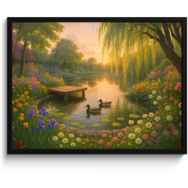 FrameYourWall Poster in lijst - Fotolijst 80x60 cm - Posters - Eenden - Vijver - Bloemen - Posterlijst zwart - Decoratie - Wanddecoratie woonkamer - Muurdecoratie slaapkamer