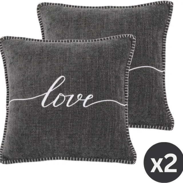 Tiseco HOME STUDIO - Kussen (gevuld) DAMIAN - Geborduurde LOVE tekst - Vierkant - 45x45 cm - Donkergrijs GREY DARK