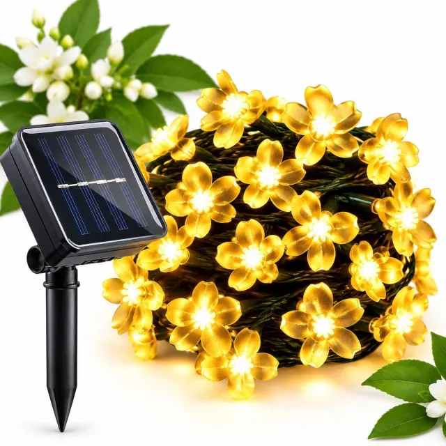 VHV Solar werkende bloem vormige licht snoeren - 8 verschillende flitsmodi - 12 meter met 100 LED lamp - Spatwaterdicht - Lichtsnoer - Prikkabel - Sfeer verlichting buiten en binnen - Tuinverlichting - Warm wit - Sfeer lampen