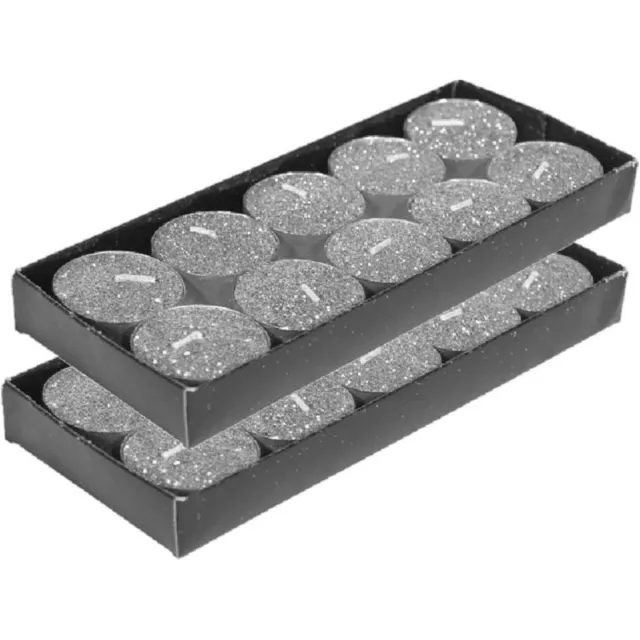 Gerimport theelichtjes/waxinelichtjes kaarsjes- 20x - zilver glitters 3,5 cm