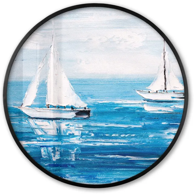 FrameYourWall Poster in lijst Rond - Fotolijst 60x60 cm - Posters - Schilderij - Olieverf - Boot - Water - Ronde posterlijst zwart - Decoratie - Wanddecoratie woonkamer - Muurdecoratie slaapkamer Multicolor