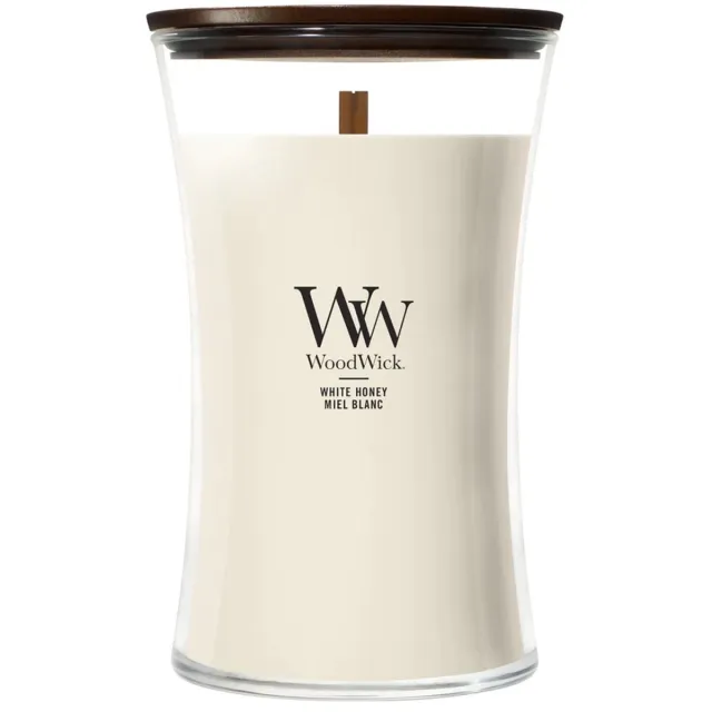 Woodwick Hourglass Large Geurkaars - White Honey - 130 branduren Wit