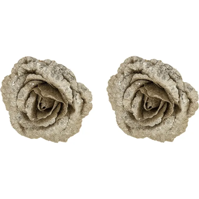 Cosy&Trendy Cosy & Trendy Roos champagne glitter - 2x stuks - clip - kunststof - 18 cm - kerstversieringen