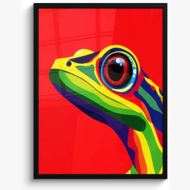 FrameYourWall Poster in lijst - Fotolijst 60x80 cm - Posters - Kikker - Kleurrijk - Strepen - Ogen - Posterlijst zwart - Decoratie - Wanddecoratie woonkamer - Muurdecoratie slaapkamer