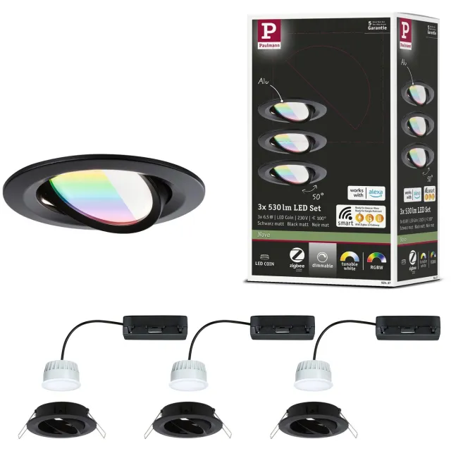 Paulmann LED-inbouwlamp Nova Coin rond 84 mm 50° RGBW+ 3x6W 3x500lm 230V Zwart mat Aluminium