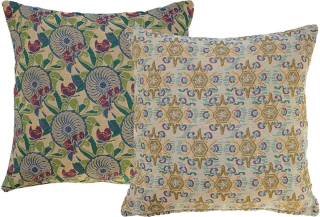 NIN-NIT Soleil Classiques kussen - sierkussen met zonnige natuurprint met bladeren - 100% geweven katoen - groen - blauw - oker - beige - geel - wit - paars - multicolor - 50x50 cm