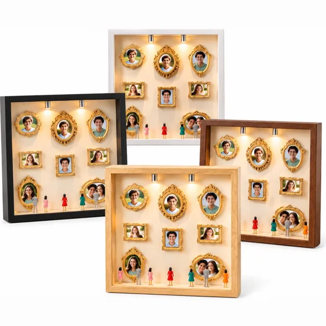 SWGOTA Naturelkleurige MDF-displaylijst voor tafel, binnenmaat 22,8 x 22,8 x 3 cm, met 2 lampjes