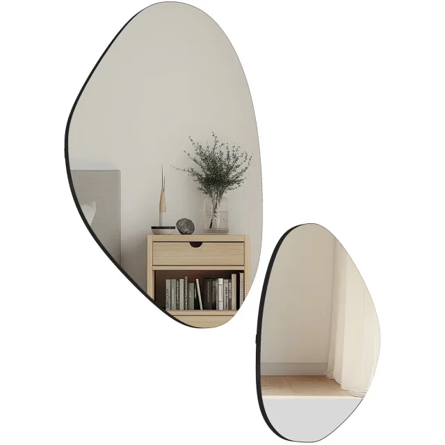 ITRONIQ Wandspiegels Set van 2 – Organische Kiezelvorm Spiegels – Metalen Frame – 70x46 cm & 50x31 cm – Asymmetrisch - Zwart