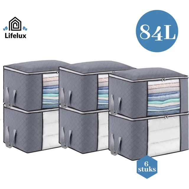 LifeLux XL Opbergzakken – Set van 6 stuks – 84L Katoenen Kastorganizers met Rits – Stapelbare Opbergboxen voor Kleding, Beddengoed en Meer Antraciet; 6 stuks