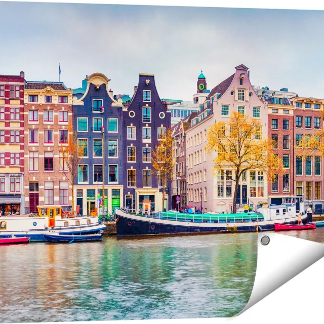 Gards Tuinposter Amsterdamse Huisjes vanaf de Gracht - 80x60 cm - Tuindoek - Tuindecoratie - Wanddecoratie buiten - Tuinschilderij Multikleur