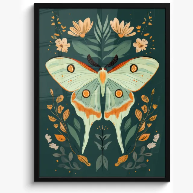 FrameYourWall Poster in lijst - Fotolijst 50x70 cm - Posters - Sierlijk - Vlinder - Groen - Bladeren - Posterlijst zwart - Decoratie - Wanddecoratie woonkamer - Muurdecoratie slaapkamer Sierlijk - Vlinder - Bladeren