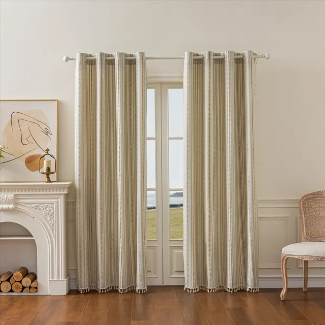 Floraweg gordijnen in Amerikaanse countrystijl van gestreept katoen-linnen met handgeknoopte franjes; kant-en-klare gordijnen met halfverduisterende werking voor slaapkamers en balkons,140x220cm beige