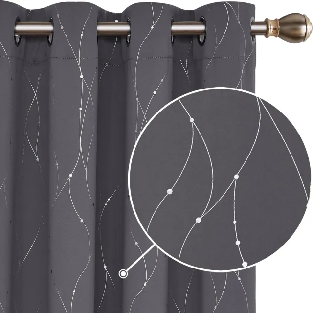 Famanu Verduisterende gordijnen met zilveren stippen en strepen, thermisch met ringen, set van 2 stuks, 168x229 cm, donkergrijs, geschikt voor woonkamer en slaapkamer