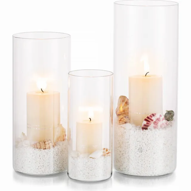 Famanu Kaarshouder set van 3 glazen cilinders, heldere bloemenvaas voor theelichtjes en drijvende kaarsen, ideaal voor eettafel decoraties Zwart