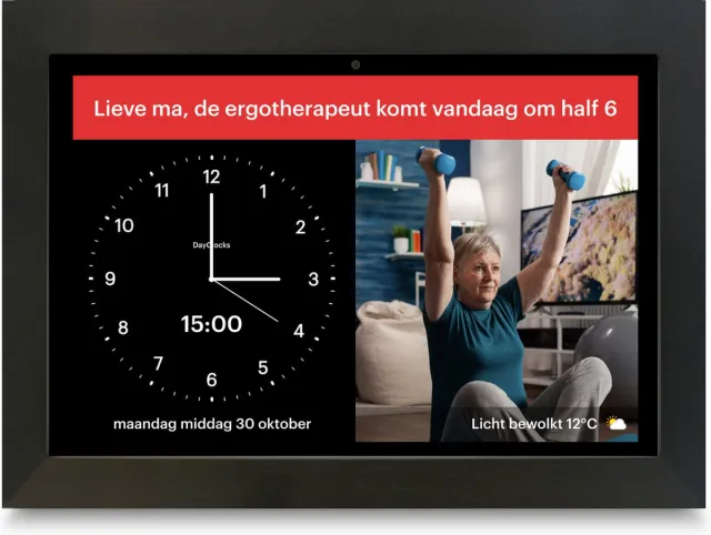 Dayclocks Vanaf 2026 vernieuwd: DayClock Generations10 Zwart met Zwarte Lijst; Dementieklok / Seniorenklok met verbeterd en onbeperkt beeldbellen, YouTube-video's, foto's, berichten en meer (met 3 maanden gratis abonnement)