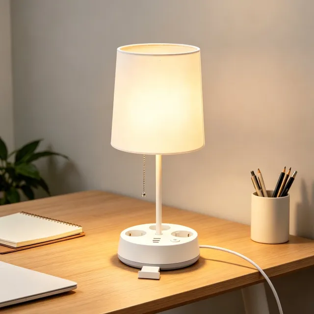 Aigostar Tafellamp met 3 Stopcontacten - 2x USB-A & USB-C - E27 - Telefoonhouder - Trekschakelaar - Wit