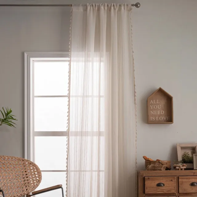 Floraweg Romige witte semi-transparante gestreepte gordijnen voor de woonkamer en slaapkamer, gestructureerde voile transparante boho lichtfilterende boerderijgordijnen met oogjes,roedezakken,140x220cm Romig wit