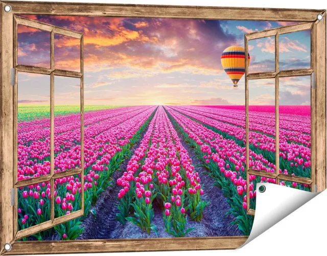 Gards Tuinposter Doorkijk Bloemenveld met Roze Tulpen - Luchtballon - 90x60 cm - Tuindoek - Tuindecoratie - Wanddecoratie buiten - Tuinschilderij Licht bruin