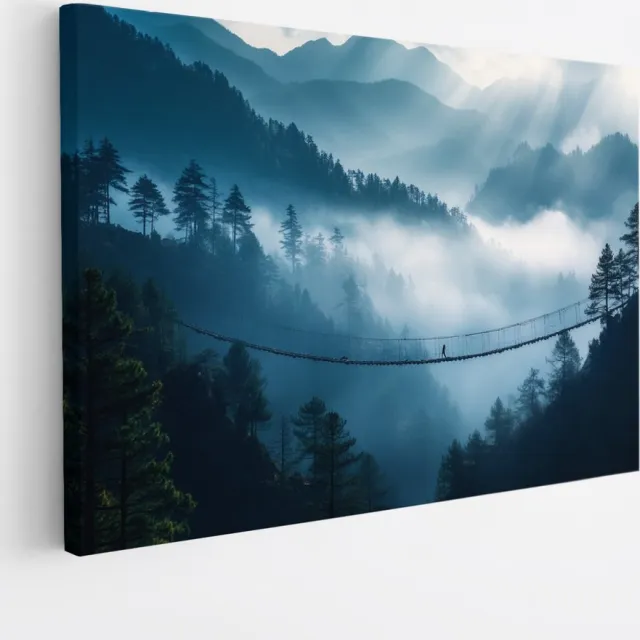 Saammp Canvas Schilderij - Natuur - Hangbrug - landschap - 60x40 - Foto op canvas - Wanddecoratie - Muurdecoratie Woonkamer - Slaapkamer decoratie - Canvas Print Multicolor