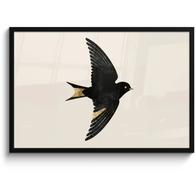 FrameYourWall Poster in lijst - Fotolijst 90x60 cm - Posters - Zwarte zwaluw - Gouden accenten - Lichte achtergrond - Posterlijst zwart - Decoratie - Wanddecoratie woonkamer - Muurdecoratie slaapkamer