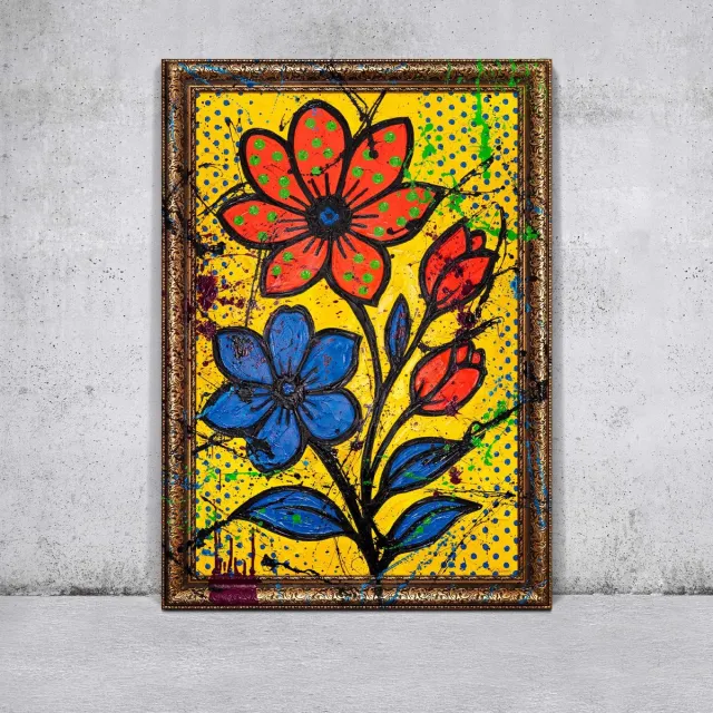 YS Canvas schilderij landschapsformaat handgeschilderd bloemensplash botanisch uitbundig – YS-Art Gallery – Uitbundige wanddecoratie voor woonkamer – Modern schilderij voor hal en kantoor Gold