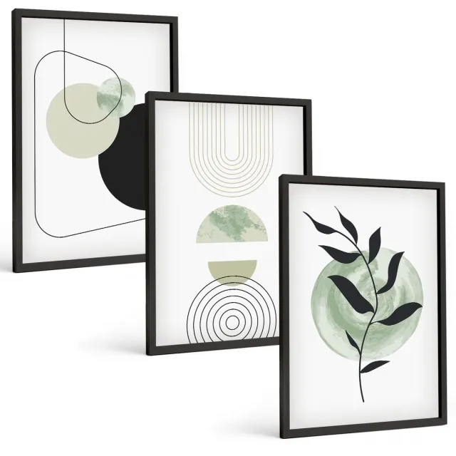 TULUP 4-Delige Schilderij Set - Abstracte vormen en plantmotieven in groen - 40 x 60 cm - Muurdecoratie - Schilderijen Set - Woonkamer - Interieur Decoratie Zwarte lijst