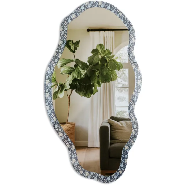 TULUP Plantenpatroon Spiegel - Blauw Elegante Rechthoekige Wandspiegel - Organische Spiegel - Slaapkamer, Badkamer, Woonkamer - Modern - 45x90 cm - Totale afmeting 52x97 cm Plantenpatroon, Blauw