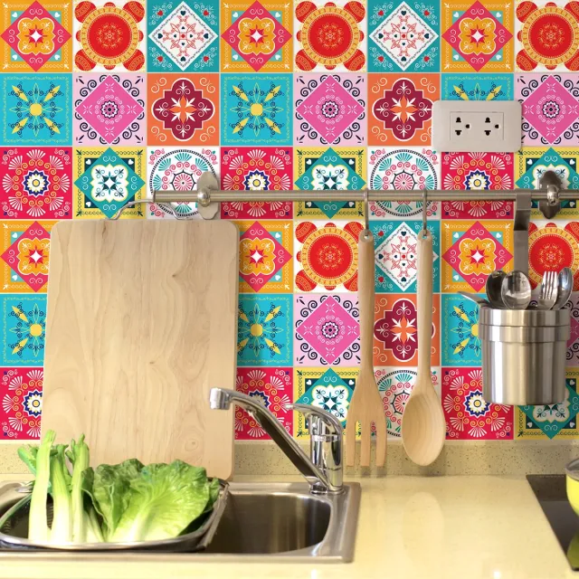 Ambiance Sticker Zelfklevende tegelmuurstickers voor keuken en badkamer - 9 cementtegelstickers, Azulejos Renatio-stijl - 9 stickers, 15x15 cm Multi color