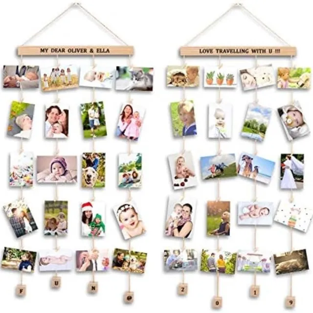 PromoHome Modulaire Fotolijst Set van 2 Stuks - Hangende Fotohouder met Alfabet Stickers - Geschikt voor 10x15 cm tot 20x25 cm Foto's - Bruin Houten Frame - Muurdecoratie voor Woonkamer