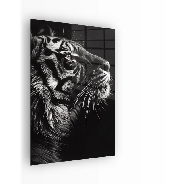 Indoorart Glasschilderij Tijger Zwart Wit 40x60 CM - Afbeelding op plexiglas - Inclusief montagemateriaal zwart, wit