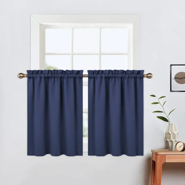 Famanu Korte gordijnen 76 cm lang voor badkamerset 2 panelen roedezak café tier gordijnen lichtblokkerende verduisterende kamer verduistering camper gordijnen voor kleine ramen keuken marineblauw Dark Blue