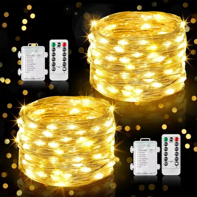 GelldG Batterijgevoede lichtslinger voor buiten - 2 stuks - 10 m x 100 LED's - Warm wit licht - Inclusief timer - 8 standen - Kleine waterdichte lichtslinger geschikt voor binnen - Geschikt voor feestjes, vakantiedecoraties en balkondecoratie