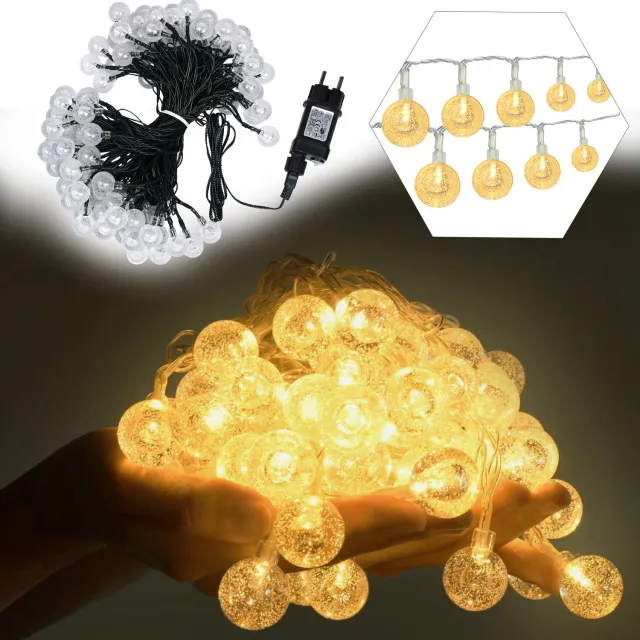 Froadp LED-bol lamp, 10 meter – 80 LED-kristallen bolletjes, warm wit licht, 8 standen, geschikt voor kerst, feestelijke gelegenheden en bruiloftsdecoratie (doorzichtige snoer)