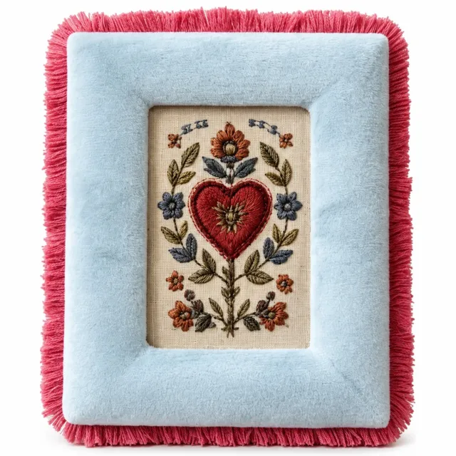 SWGOTA Fluwelen fotolijst voor foto's van 10 x 15 cm, hemelsblauw met roze franjes, buitenmaat 20 x 26 cm, horizontaal en verticaal neer te zetten, inclusief glas en afbeelding