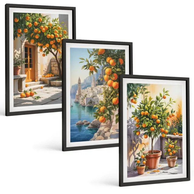 TULUP 4-Delige Schilderij Set - Geschilderde citrusvruchten en kustlandschappen - 40 x 60 cm - Wanddecoratie - Schilderijen Set - Kantoor - Decoratieve Schilderijen Zwarte lijst