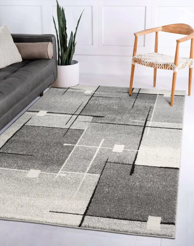 flycarpets Belos Vloerkleed Geblokt - Grijs - Laagpolig Tapijt / Karpet