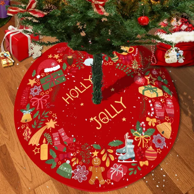 Oemmn Kerstboomrok van 90 cm met belletjes, cadeautjes, sneeuwvlokken, kerstmutsen, enz. Kerstboommat decoratie voor winterse feestdagen, binnen- en buitenkerstdecoratie. rood