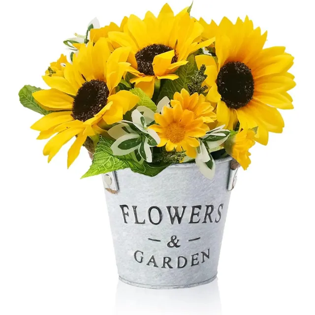Famanu Decoratieve Kunstbloemen in Pot Metaal Groene Potplanten Mini Kunstmatige Zonnebloemen Bureauplanten Klein Binnen Buiten Decor Huis Kantoor Keuken Tuin Geel